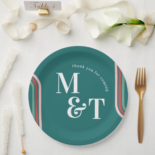 Assiettes En Carton Sarcelle | Retro Seventies Stripes | Monogramme Ma (Mariage)