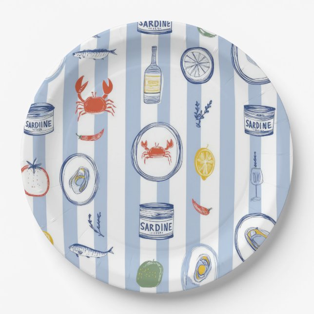 Assiettes En Carton Sardine de fruits de mer méditerranéens motif rayu (Devant)