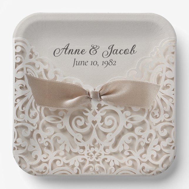 Assiettes En Carton Satin Bow On Lace pour Anniversaire (Recto)