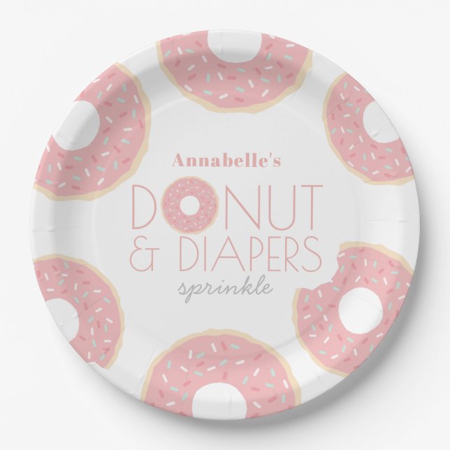 Assiettes En Carton Saupoudrer de Baby shower de Donut et de Diapeurs  (Devant)