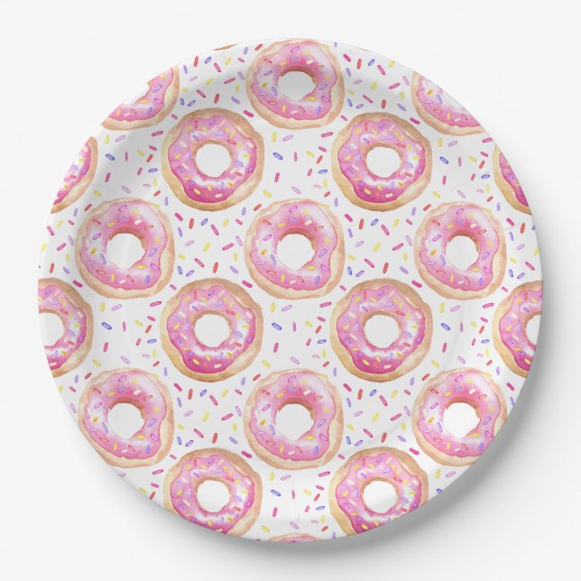 Assiettes En Carton Saupoudrer de beignes roses 1er anniversaire (Devant)
