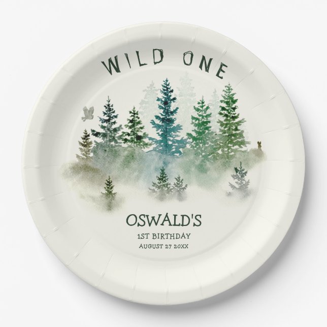 Assiettes En Carton Sauvage Un 1er Anniversaire Bois Aquarelle (Devant)