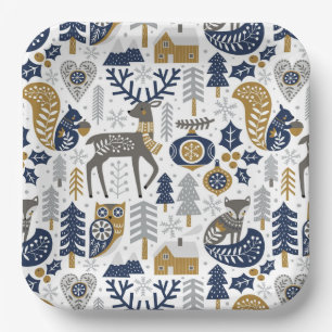 Assiettes En Carton Scandinavie Woodland Animaux Snowflakes Noël