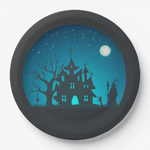 Assiettes En Carton Scary and Fun Blue and Black Haunted House
