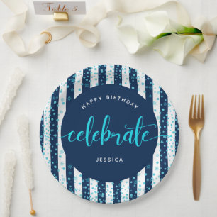 Assiettes En Carton Scénario de parties scintillant turquoise rayures