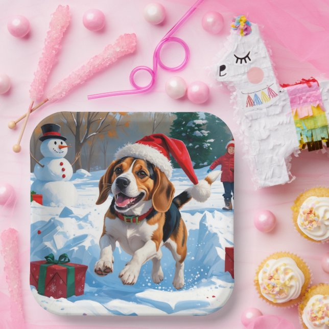 Assiettes En Carton Scène de fête de Noël beagle (Fête)
