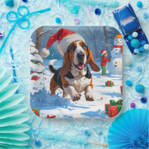 Assiettes En Carton Scène de Noël festive avec Basset Hound dans la ne