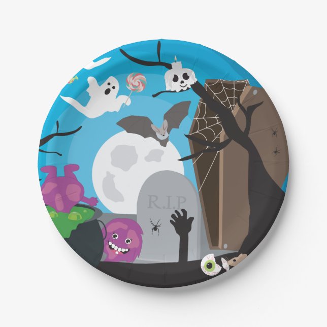 Assiettes En Carton Scène du monstre d'Halloween (Devant)