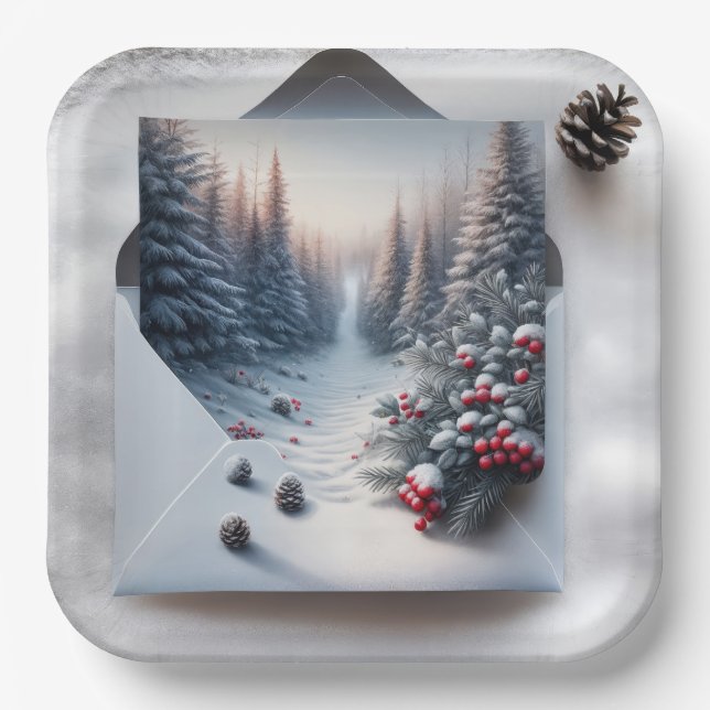 Assiettes En Carton Scène forestière d'hiver dans une enveloppe (Recto)