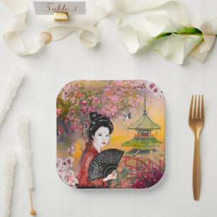 Assiettes En Carton Scène Japonaise Avec Une Femme