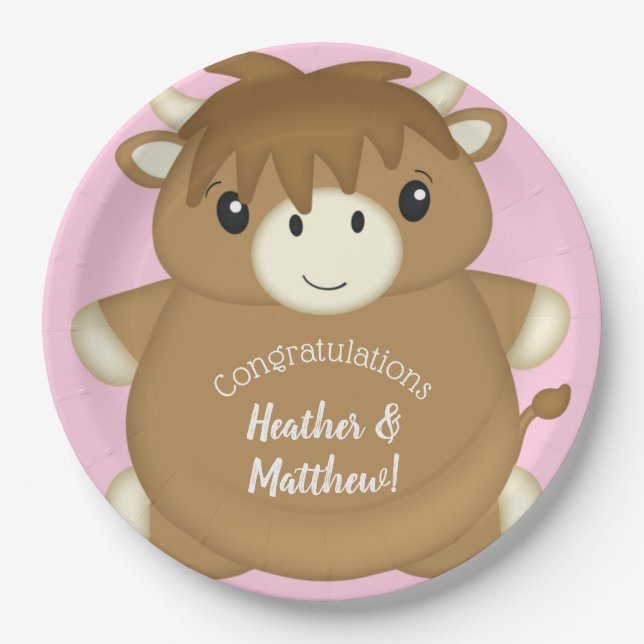 Assiettes En Carton Scottish Highland Baby shower de vache rose (Devant)
