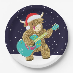 Assiettes En Carton Scottish Highland Cows Joue Une Guitare De Noël