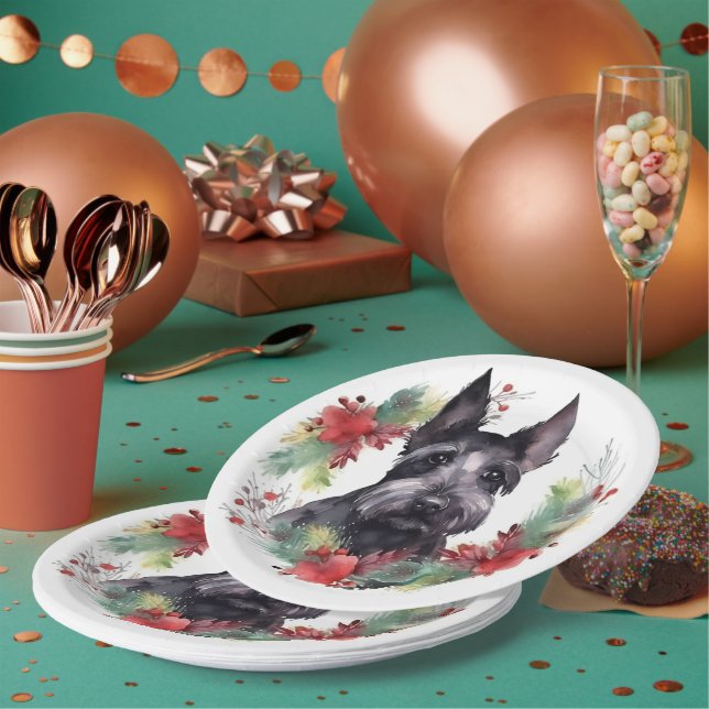 Assiettes En Carton Scottish Terrier Christmas Wreath Festive Pup (Multi)
