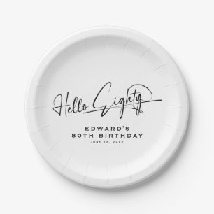 Assiettes En Carton Script Bonjour Quatre-Vingts Anniversaire Minimali