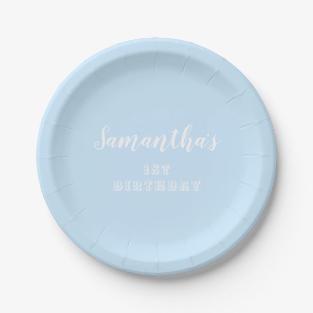 Assiettes En Carton Script d'anniversaire Pastel blue1st (Devant)
