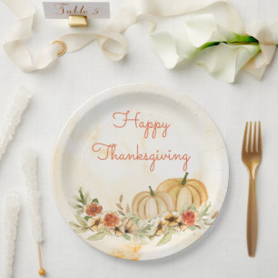 Assiettes En Carton Script d'aquarelle florale Citrouille Thanksgiving
