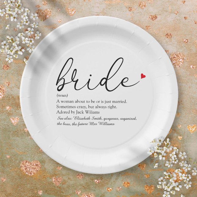 Assiettes En Carton Script de Fête des mariées de définition de mariée (Bride Definition, Bridal Shower Script Modern Paper Plates)