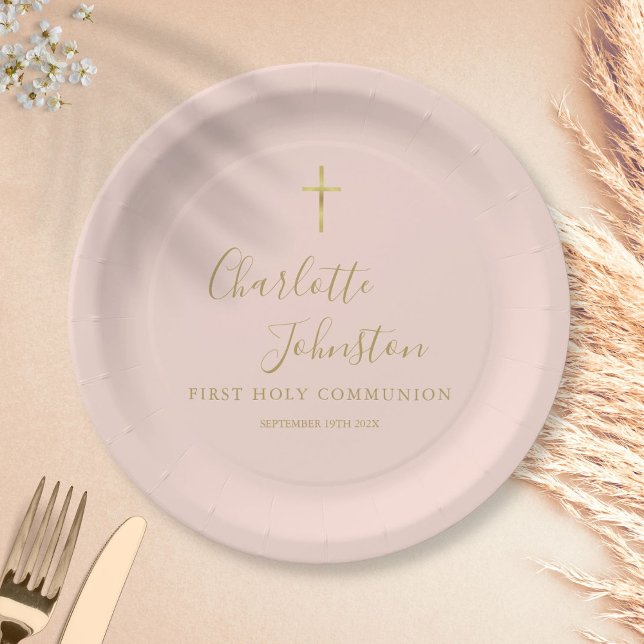 Assiettes En Carton Script d'or rose pâle première communion sainte (Créateur téléchargé)