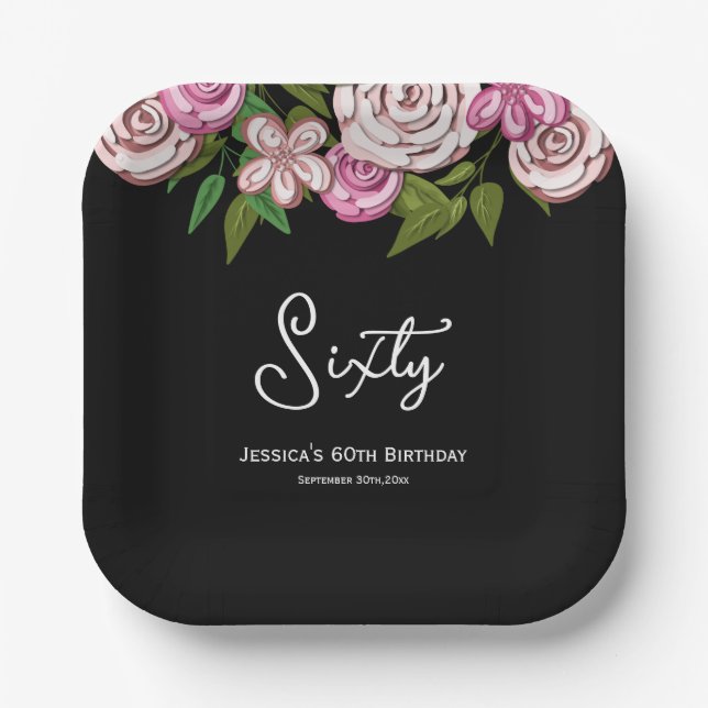 Assiettes En Carton Script floral moderne 60e anniversaire (Recto)