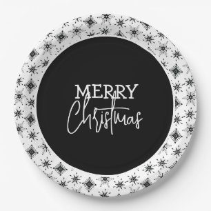 Assiettes En Carton Script Joyeux Noël Flocons de neige noirs   