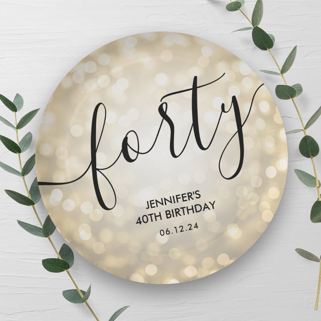 Assiettes En Carton Script moderne Lumières Parties scintillant or 40e (Modern Script Gold Glitter Lights 40th Birthday Paper Plates)