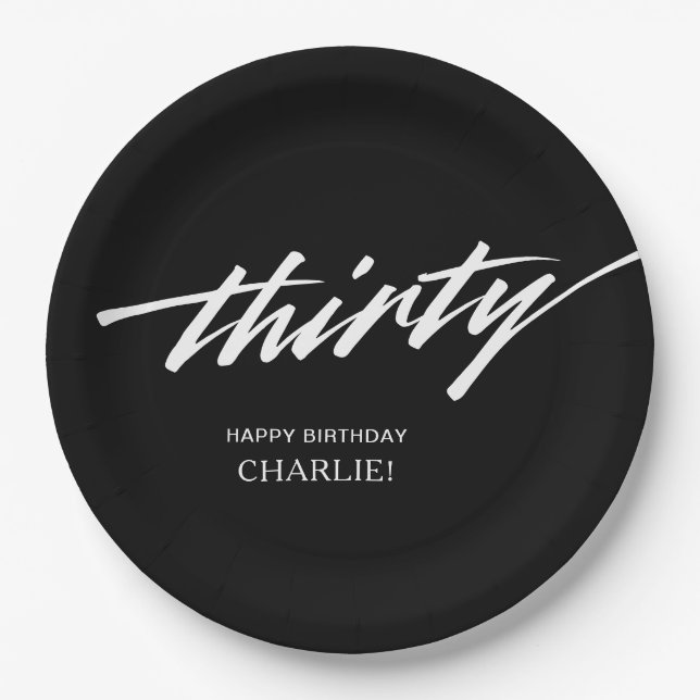 Assiettes En Carton Script moderne noir blanc 30e anniversaire (Devant)