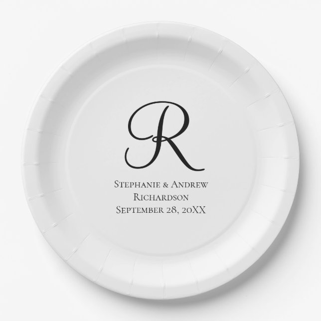Assiettes En Carton Script Monogramme Noir Blanc Élégant Mariage (Devant)
