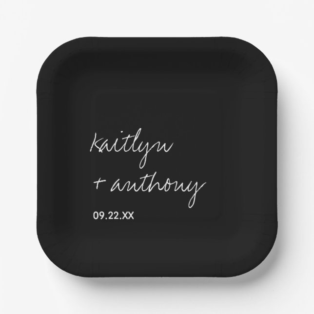 Assiettes En Carton Script noir et blanc moderne Mariage minimaliste (Recto)