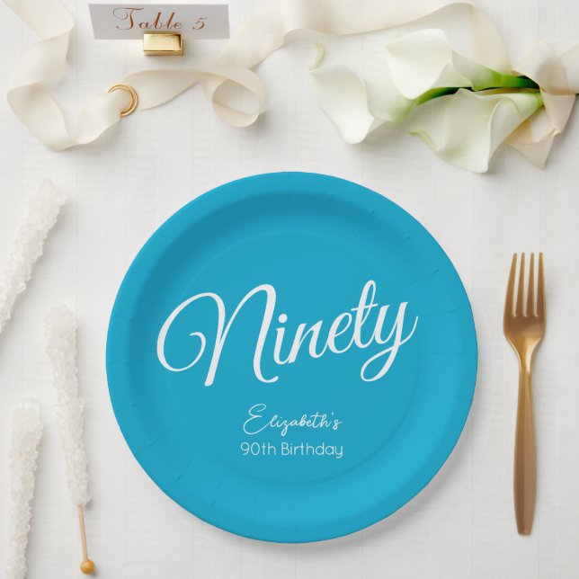 Assiettes En Carton Script simple moderne Aqua Blue 90th Birthday Part (Mariage)