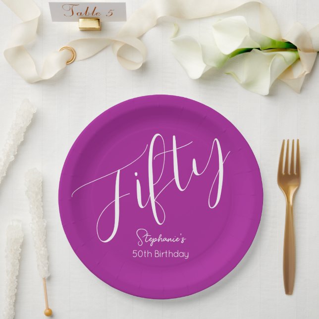 Assiettes En Carton Script simple moderne rose foncé 50e anniversaire (Mariage)