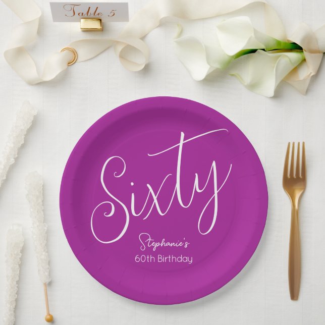 Assiettes En Carton Script simple moderne rose foncé 60e anniversaire (Mariage)