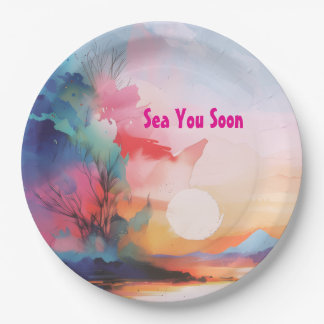 Assiettes En Carton Sea You Soon Watercolor Beach
