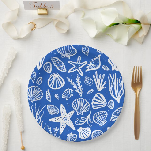 Assiettes En Carton Seashells Beach Wedding Bleu Blanc Cute Balnéaire (Mariage)