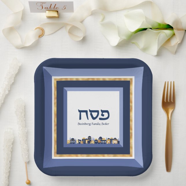 Assiettes En Carton Séder de Pâque Jérusalem Bleu Or Hébreu (Mariage)