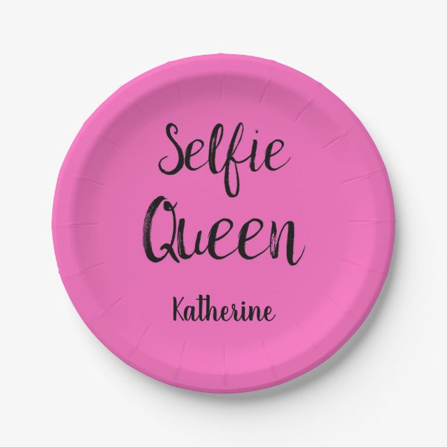 Assiettes En Carton Selfie Nom Reine Personnalisé Fuchsia Hot rose (Devant)