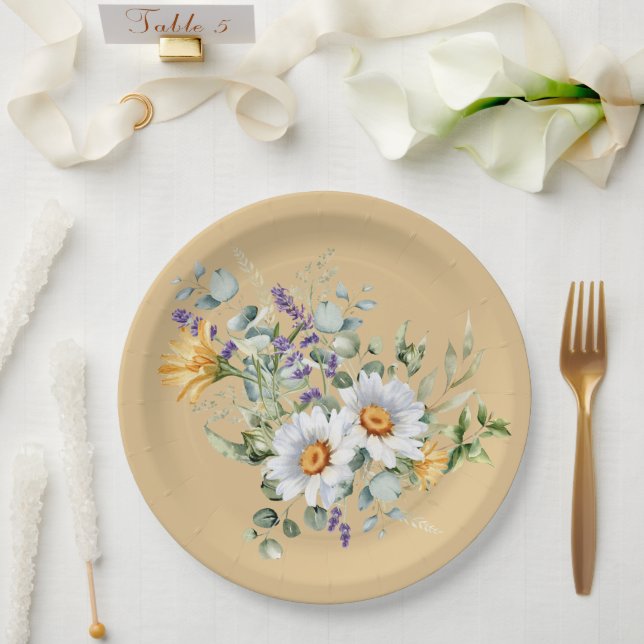 Assiettes En Carton Séquin Jaune clair marguerite lavande douche (Mariage)