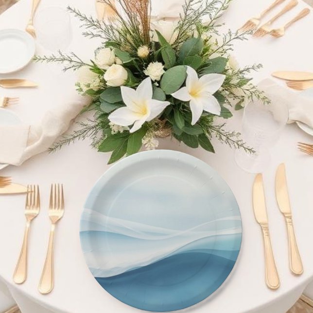 Assiettes En Carton Serene Blue Beach Wedding (Serene Blue Abstract Wedding Paper Plates)