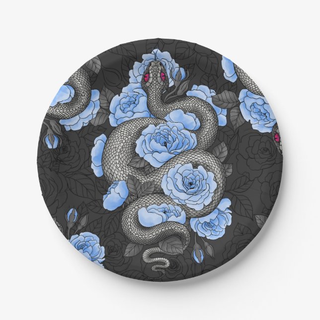 Assiettes En Carton Serpents et roses bleus (Devant)