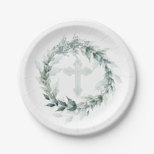 Assiettes En Carton Serre et Croix Bleue Communion Baptême Christening