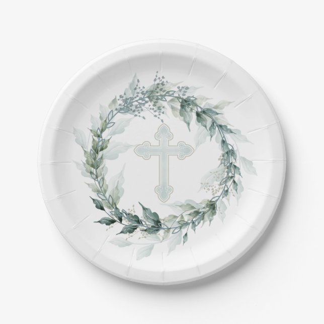 Assiettes En Carton Serre et Croix Bleue Communion Baptême Christening (Devant)