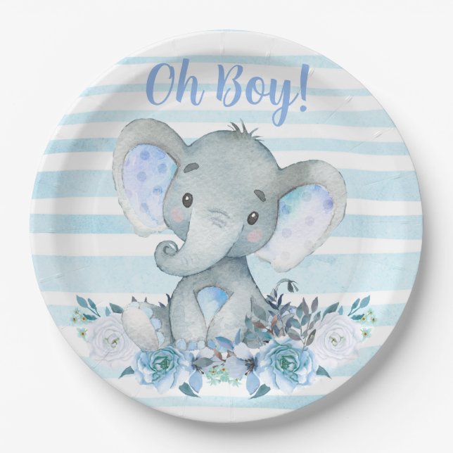 Assiettes En Carton serviettes de Baby shower d'aquarelle éléphant pou (Devant)