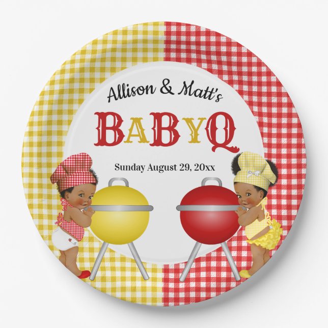 Assiettes En Carton Sexe Révéler Rouge Jaune En vichy bébé Q BBQ (Devant)