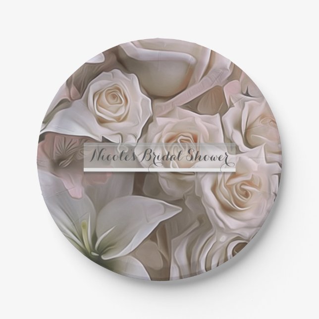 Assiettes En Carton Shabby Chic Rose Floral Élégante Fête des mariées (Devant)