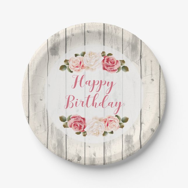 Assiettes En Carton Shabby Chic Rose Rustic Wood Joyeux anniversaire (Devant)