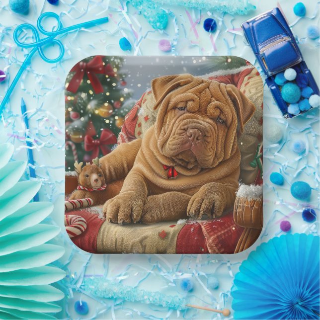 Assiettes En Carton Shar Pei Chien Festif de Noël (Fête)