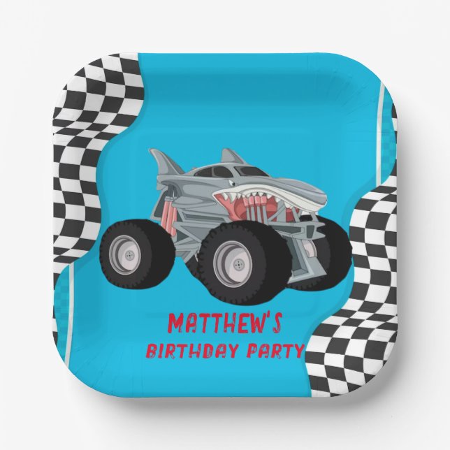 Assiettes En Carton Shark Monster Truck Racing Drapeau fête d'annivers (Recto)