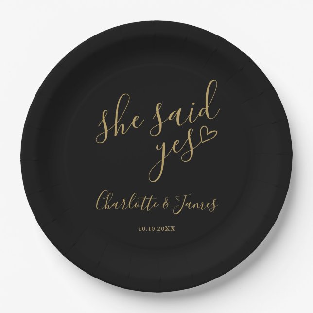 Assiettes En Carton She Said Yes Engagement Party Black And Gold (Devant)