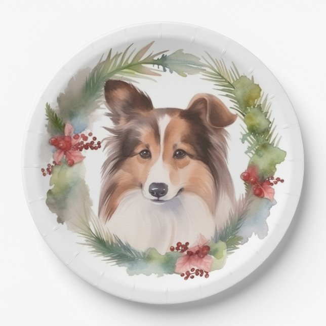 Assiettes En Carton Shetland Sheepdog Christmas Wreath Festive Pup (Devant)