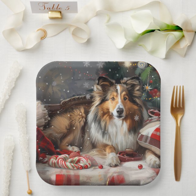 Assiettes En Carton Shetland Sheepdog Festif de Noël (Mariage)