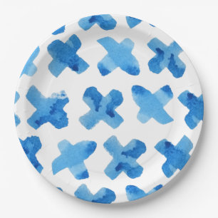 Assiettes En Carton Shibori bleu japonais aquarelle croix x motif